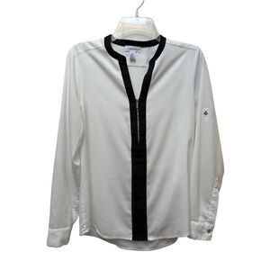 Calvin Klein women 1/2 zip white long sleeve blouse black trim size S/P #46-1919